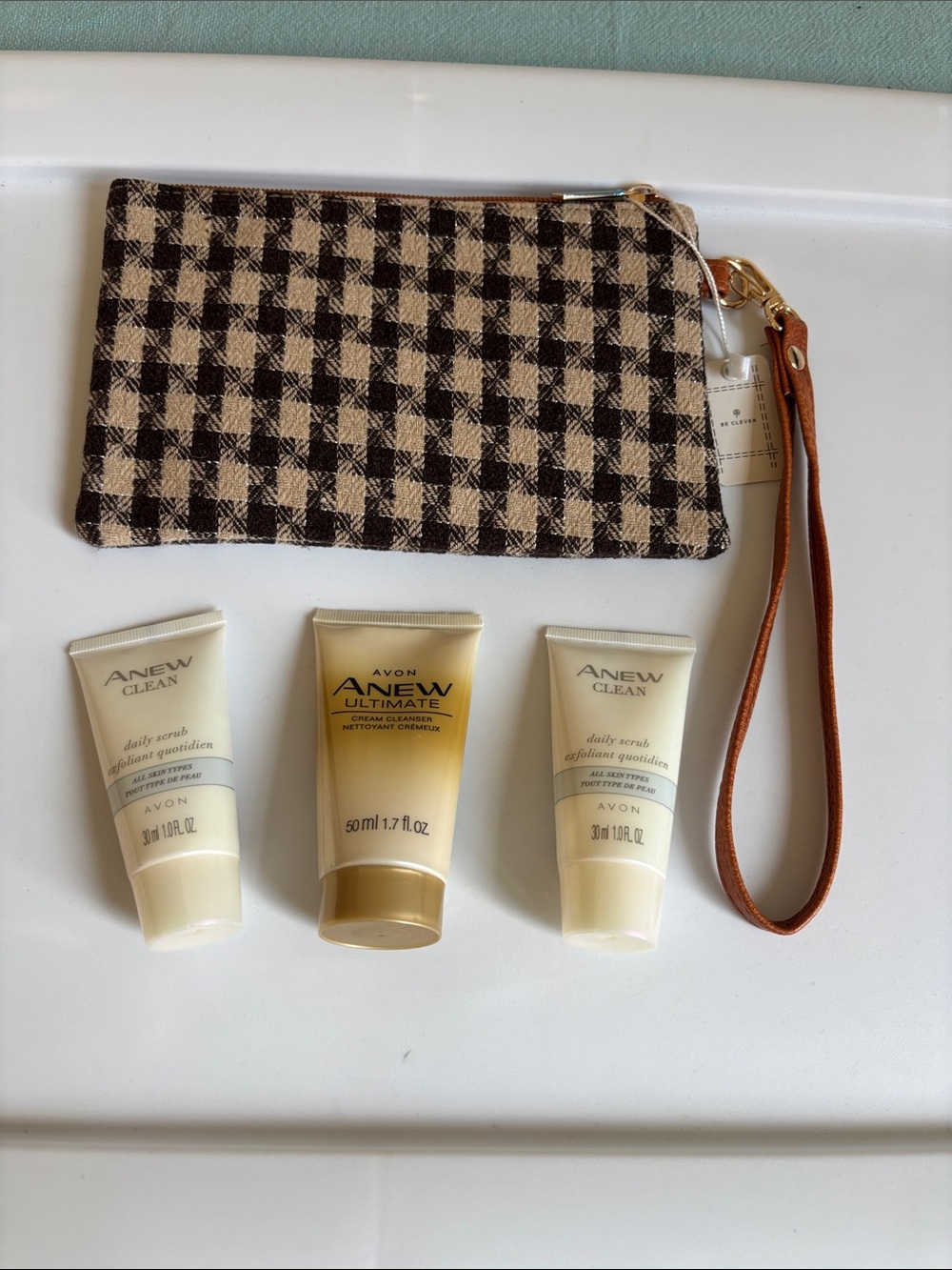 Avon Anew Clean & Ultimate Skincare Tubes with Brown Plaid Wristlet